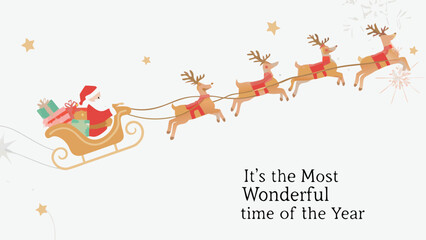 Santa claus flying in his sleigh pulled by reindeer with gifts and the text it s the most wonderful time of the year