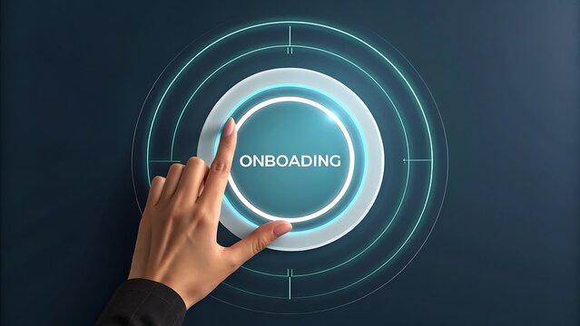 Elegant finger touches glowing digital onboarding button for seamless system access