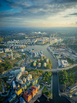Aerial View Over Stockholm City at Golden Hour Summer Sunset