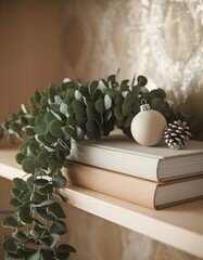 Airy Minimal Christmas Decor with Eucalyptus and Light Oak Shelf 