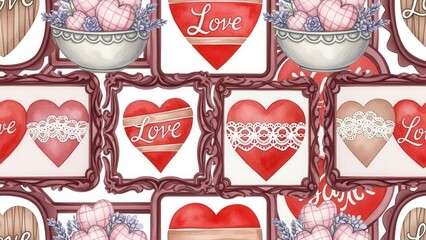 Watercolor hearts with lace and love text in ornate frames image