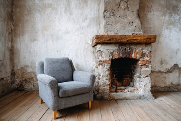 Comfortable upholstered seat positioned next to an old rustic fireplace in a room with distressed walls