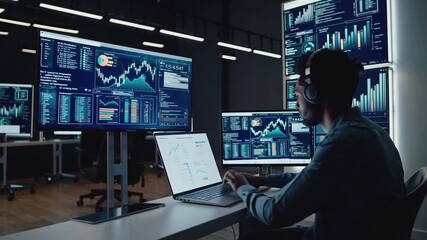 Data analyst working late at night in a modern office surrounded by multiple screens displaying charts and statistics - Powered by Adobe