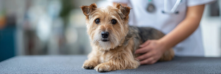 A small terrier is engaged in physiotherapy exercises on a soft mat, under the careful guidance of a veterinarian who is helping with its recovery and mobility, banner