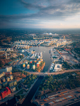 Aerial View Over Stockholm City at Golden Hour Summer Sunset