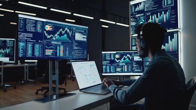 Data analyst working late at night in a modern office surrounded by multiple screens displaying charts and statistics