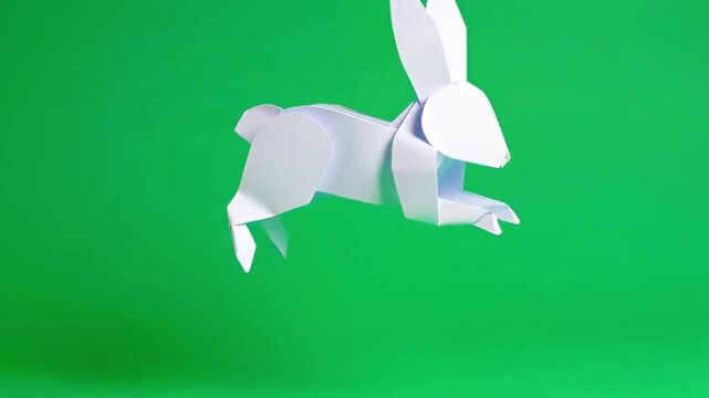 Animation paper origami rabbit on green screen.