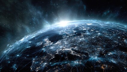 Illuminated globe with a network overlay against a starry backdrop, showcasing connected cities