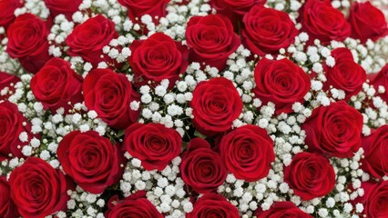 Close up of a lush bouquet of vibrant red roses and delicate white baby's breath flowers floral