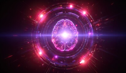 Fototapeta premium Futuristic digital representation of a human brain surrounded by glowing energy rings and light