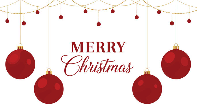 Merry Christmas vector, festive greeting, red baubles, holiday string decor, cheerful design, seasonal celebration, cursive font, ornament layout, joyful message