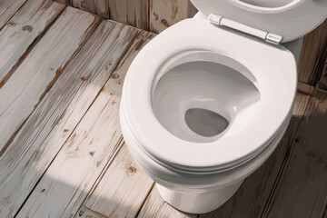 Close-up of a clean white toilet in a rustic bathroom setting. The bright, inviting bathroom features a pristine toilet set against a backdrop of weathered wooden flooring.