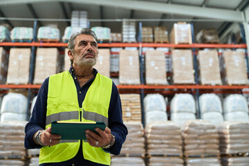 Warehouse worker inspecting inventory with tablet looking up