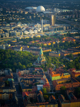 Aerial View Over Stockholm City at Golden Hour Summer Sunset