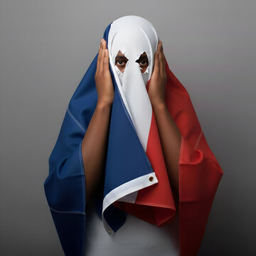 Personne Anonyme Couvrant son Visage avec le Drapeau Tricolore Fran&ccedil;ais, Concept de Dissimulation de l'Identit&eacute; ou de la Peur
