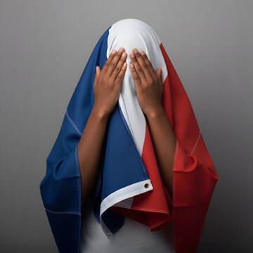 Personne Anonyme Couvrant son Visage avec le Drapeau Tricolore Fran&ccedil;ais, Concept de Dissimulation de l'Identit&eacute; ou de la Peur