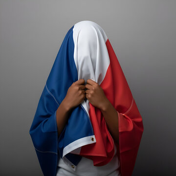 Personne Anonyme Couvrant son Visage avec le Drapeau Tricolore Fran&ccedil;ais, Concept de Dissimulation de l'Identit&eacute; ou de la Peur