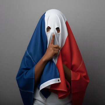 Personne Anonyme Couvrant son Visage avec le Drapeau Tricolore Fran&ccedil;ais, Concept de Dissimulation de l'Identit&eacute; ou de la Peur