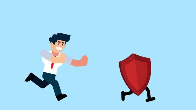 A businessman runs after a walking shield, symbolizing the pursuit of security, protection, safety, or defense, on a blue background.