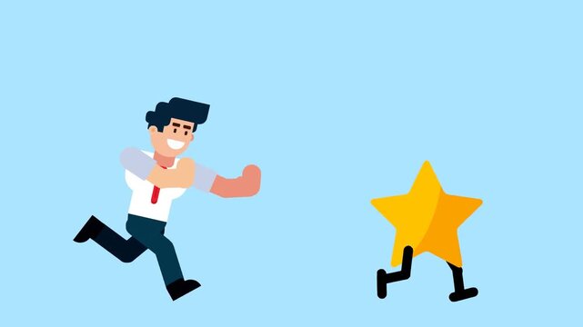 A businessman runs after a walking star, symbolizing the pursuit of success, achievement, excellence, or goals, on a blue background.

