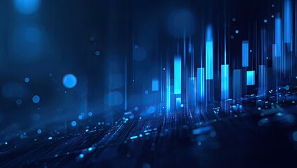 A digital data visualization with illuminated vertical bars and blurred bokeh in a deep blue space