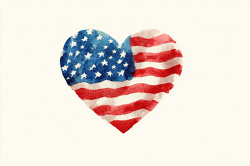 Watercolor heart with American flag design for patriotic celebrations. heart-shaped artwork features the colors and stars of the United States flag, perfect for expressing love of country.