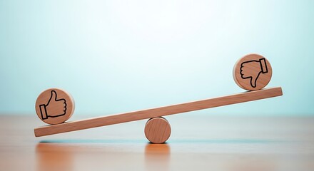 Wooden seesaw balancing a thumbs up and a thumbs down symbol showing comparison of like and dislike concept