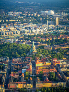 Aerial View Over Stockholm City at Golden Hour Summer Sunset