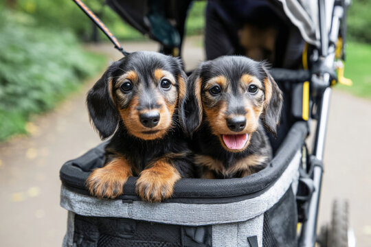 Two adorable Dachshund puppies relax together in a twin stroller while their smiling owner takes a walk in a lush, green park, enjoying the sunny day