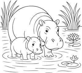 Cute happy cartoon hippo character swimming in the water, isolated wild baby mammal drawing