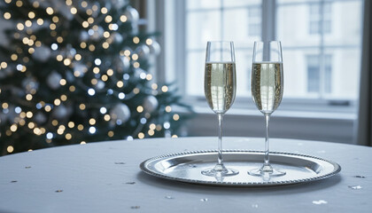 祝祭の雰囲気の中の銀のトレイとシャンパングラスのペア