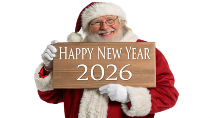 Jolly santa claus wearing his iconic red suit and hat holding a wooden sign wishing everyone a happy new year in 2026 with a warm smile