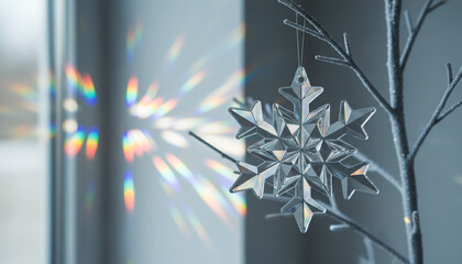 銀の枝から吊るされたカットクリスタルの雪の結晶オーナメント マクロ