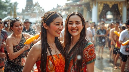 Fototapeta premium Two young women happily posing amidst water splashing during the Songkran festival, captured in a joyful moment. The women are smiling directly at the camera, and celebrating the new year. 