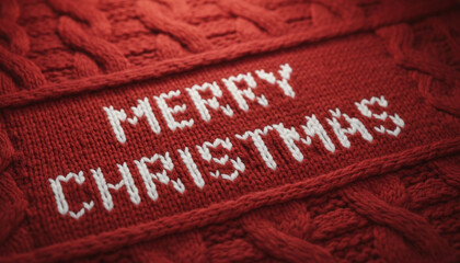 メリークリスマスの文字がある赤いウールのニット生地のアップ
