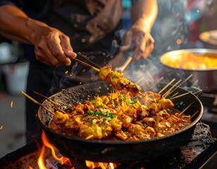 Fototapeta premium Close-up of street food skewers cooking over open flames, smoke rising