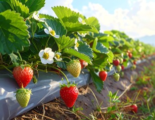 Rows of ripe strawberry plants on a farm field under the summer sky background