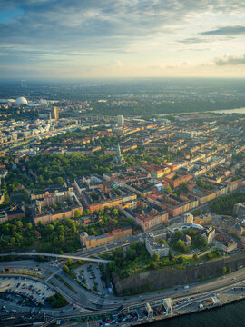 Aerial View Over Stockholm City at Golden Hour Summer Sunset