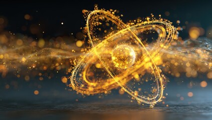 Glowing atom model with swirling energy and particles, representing atomic structure