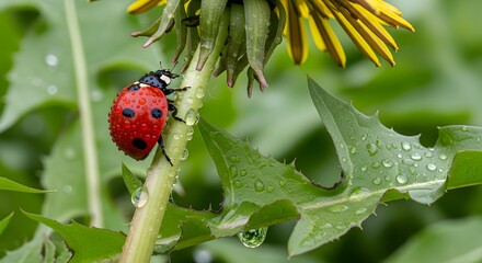 Vibrant red ladybird beetle covered in morning dew on green stem macro