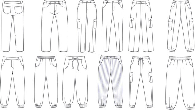 Collection of illustrated pants styles with elastic waistbands and cargo pockets Keywords: pants, trousers, cargo pants, joggers