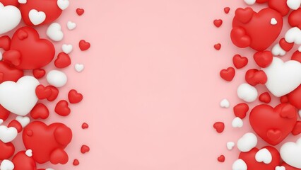 Red and white hearts scattered on a pink background for Valentines Day red hearts love