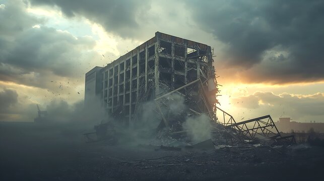 a large building dramatically collapsing in a cloud of dust under a stormy sky, possibly due to demolition or disaster. The scene evokes a sense of destruction and the end of an era - Powered by Adobe