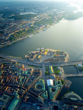 Aerial View Over Stockholm City at Golden Hour Summer Sunset