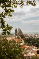 Aerial cityscape view of Brno with Cathedral of St. Peter and Paul rising above red rooftops, framed by green tree branches. Historic European architecture under a cloudy summer sky.