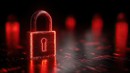 Glowing red padlock symbolizing data security, with blurred figures, circuit board background