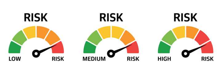 Risk meter vector illustrating with low, medium, and high risk levels with gauge indicator, suitable for dashboard design