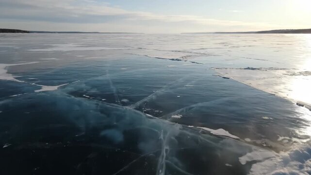 Expansive Arctic Ice Field with Cracks and Glimmering Surface Under Bright Sunlight for Cold
