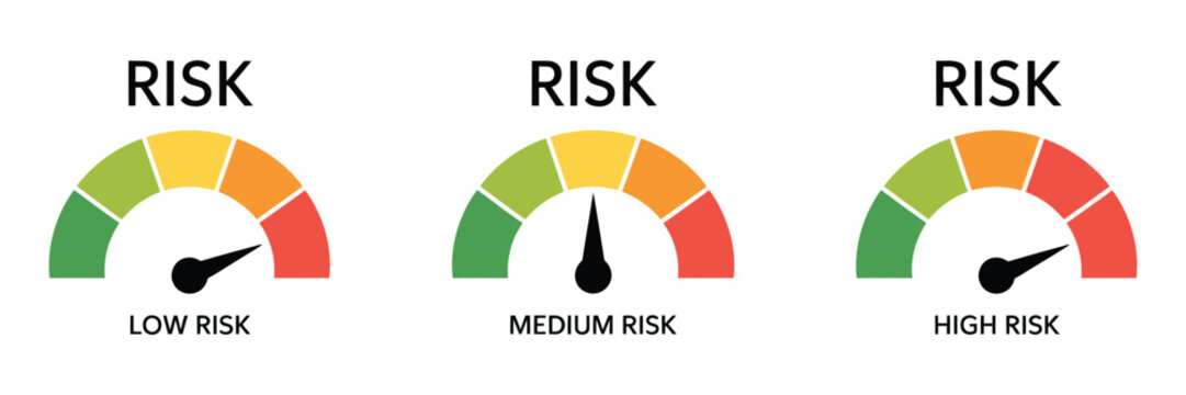 Risk meter vector illustrating with low, medium, and high risk levels with gauge indicator, suitable for dashboard design