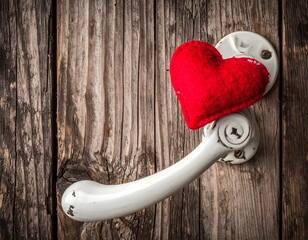 Rustic charm: red heart adorns vintage doorknob on weathered wooden door panel